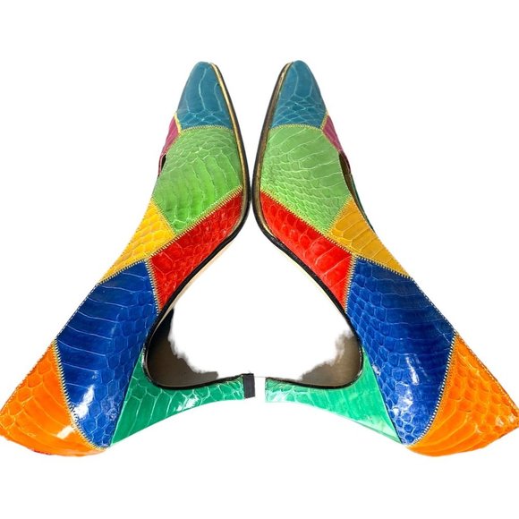Vintage 80s Multicolor Snake Skin Pointed Toe Pumps 6 - Picture 2 of 11